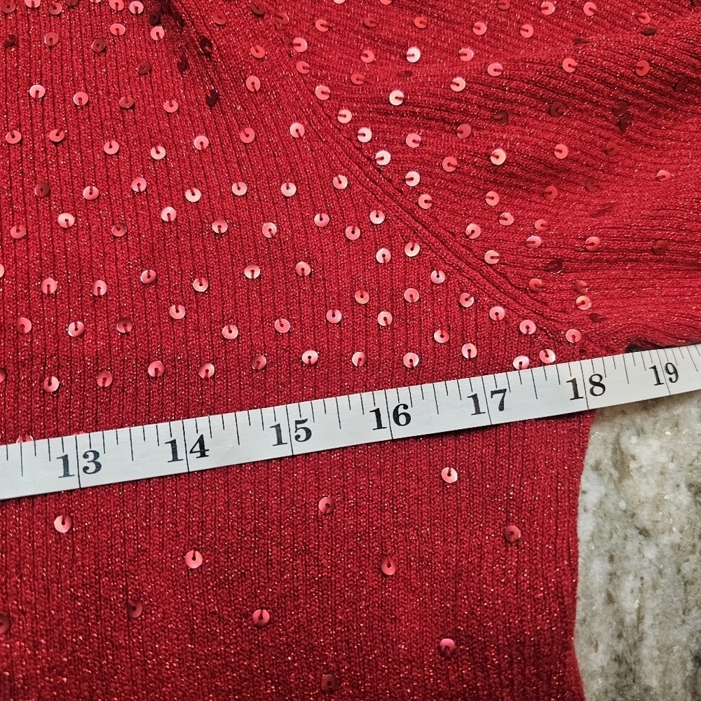 Red Sequin Sparkle Sweater Women’s Ribbed Metallic Knit Holiday Party Top M - Picture 6 of 10